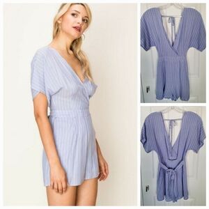 Hyfve Women's Romper Small Blue White Striped Kimono Sleeve Plunge Neckline